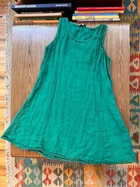 Green 100% linen sleeveless A line mini dress made in Italy L